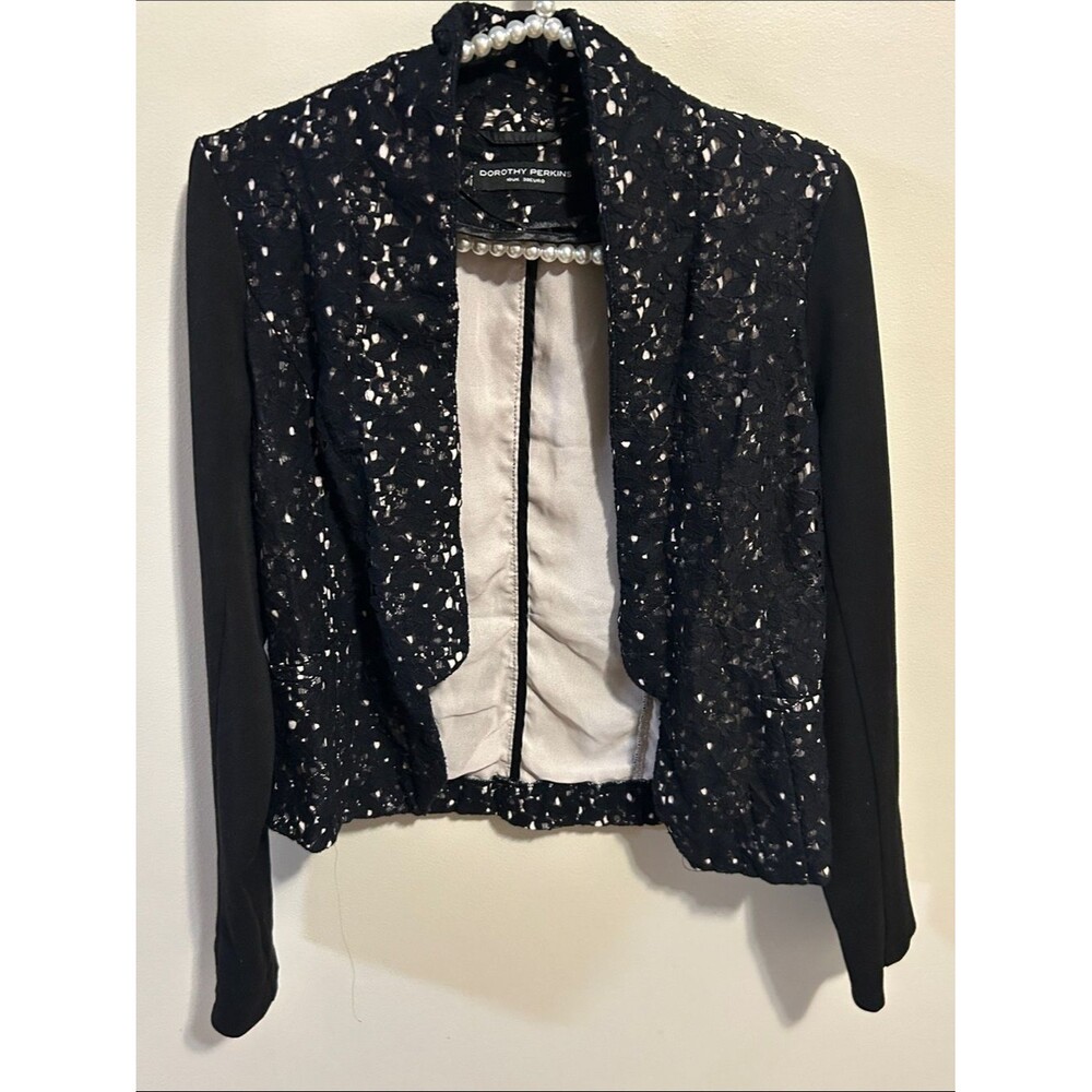 Dorothy Perkins Black Lace Padded Shoulder Blazer Jacket Size 6